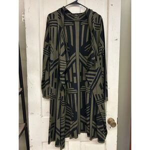 Cupio Olive Green Black Geometric Hooded Open Front Longline Duster Cardigan M